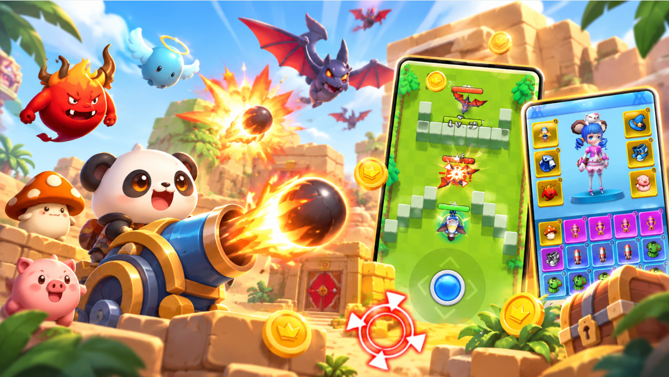 Crazy Cannoneer shooting game featuring colorful cartoon characters, cannon battles, and fantasy enemies